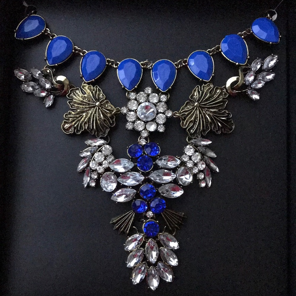 Large Blue Floral Rhinestone Necklace